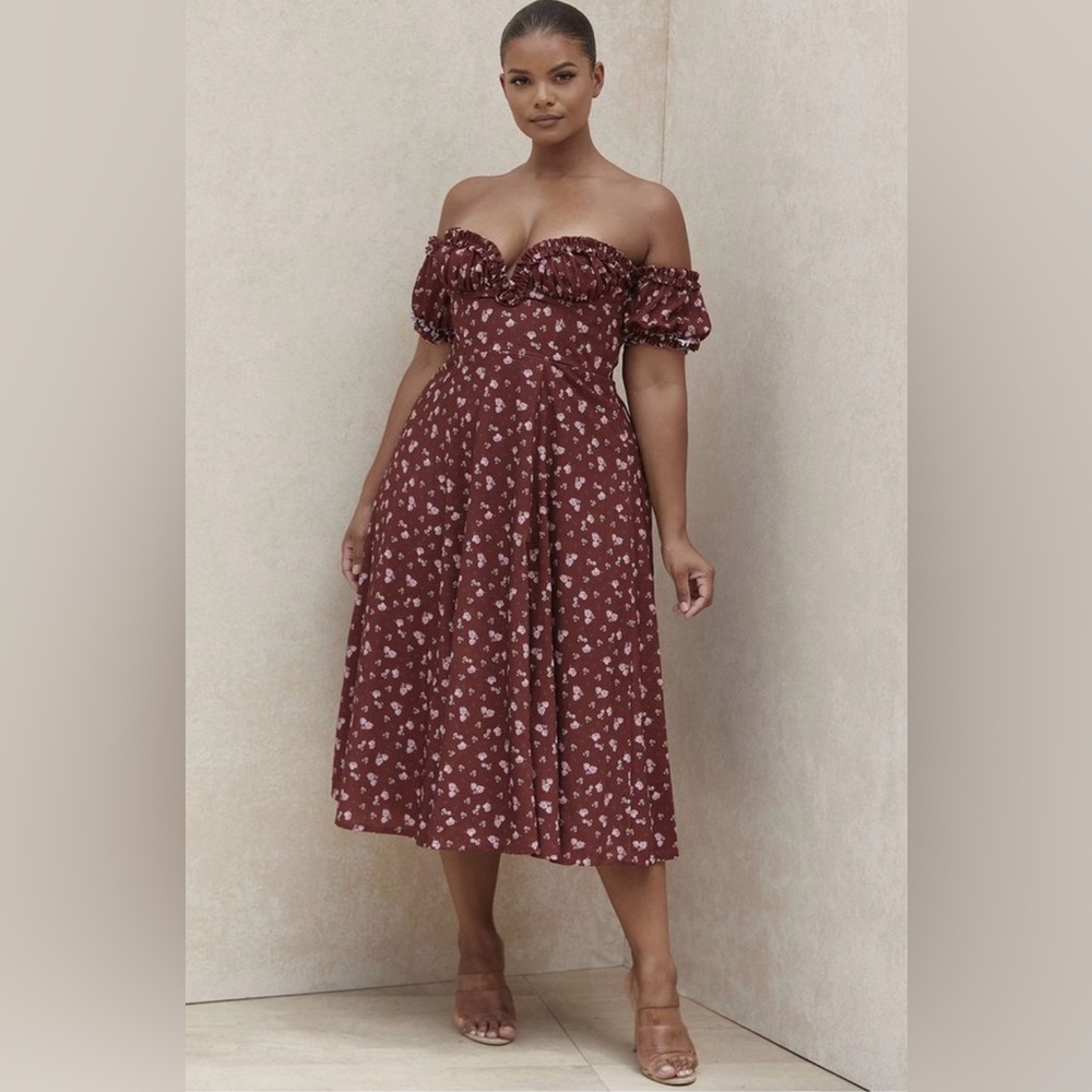 House of CB Lauren Wine Floral Corset Midi Dress Size S NWT